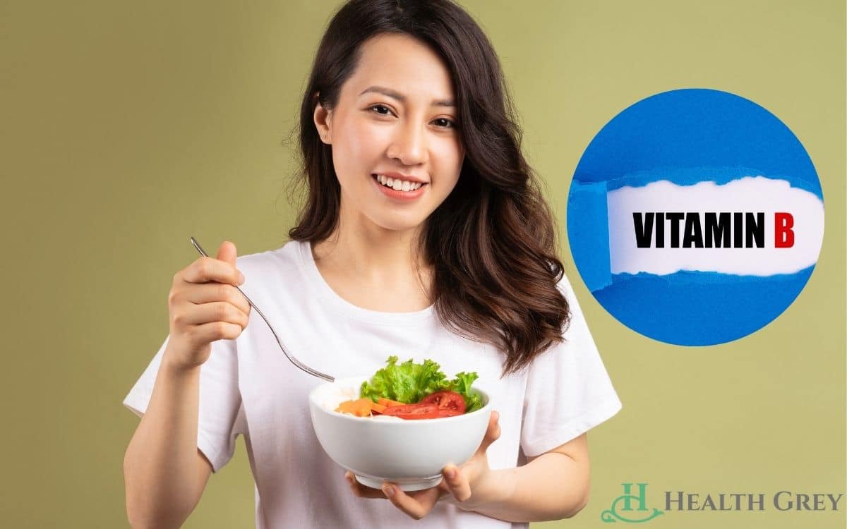 Girl a vegetable bowl in hand and vitamin B complex
